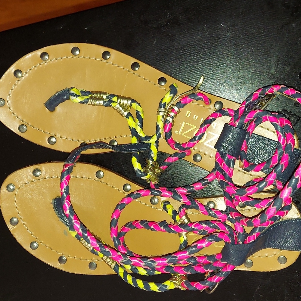 Flat multi color sandals tye up nice Dress or shorts